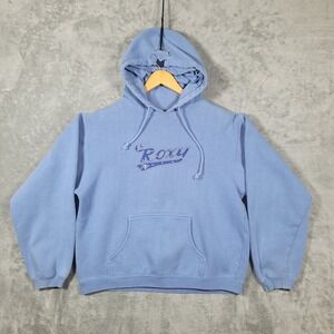 Vintage Roxy Hoodie Women M Blue Quiksilver Pullover Rhinestone Logo Fleece Y2K